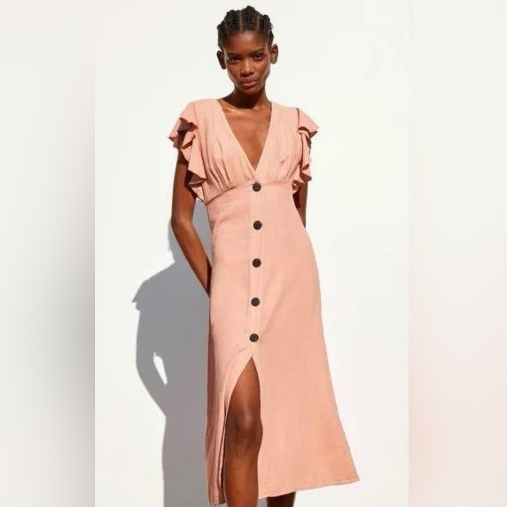 Zara Rustic Linen Blend Dress in Pink, Small